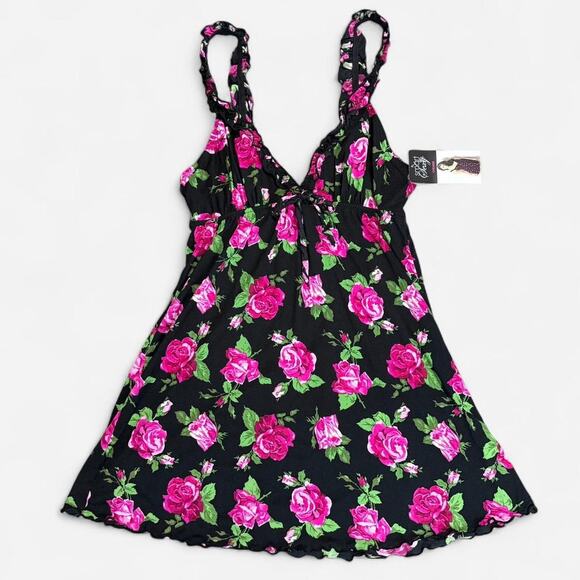 NWT Smart & Sexy Black & Pink Floral Pattern Ruffle Strap Lingerie Chemise Slip - Picture 5 of 7